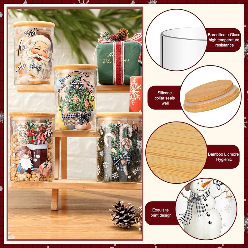 Shellwei 6 Pcs Christmas Glass Storage Jar With Airtight Bamboo Lid Classic Snowman Canister Sets Santa Bell Gift Cookie Jars Christmas Candy Storage 19oz for Kitchen Containers Countertop Decoration - Image 4